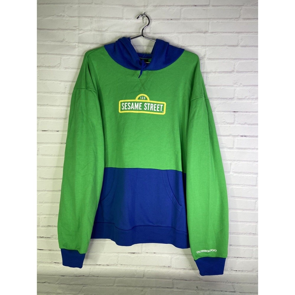 Dumbgood Sesame Street Logo Color Block Pullover Hoodie Blue Green Mens Size L